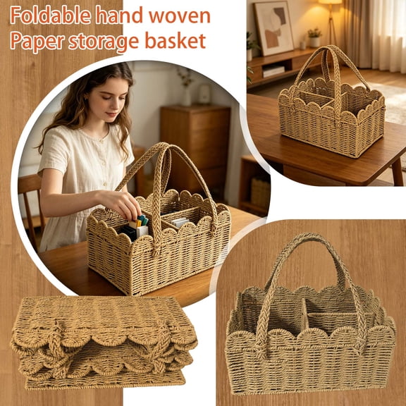 Woven Storage Basket Scalloped Edge with Handles Divided Basket for Kitchen Bathroom Countertop 15X9X7 in Decorative Storage Organizer for Picnic Gifting