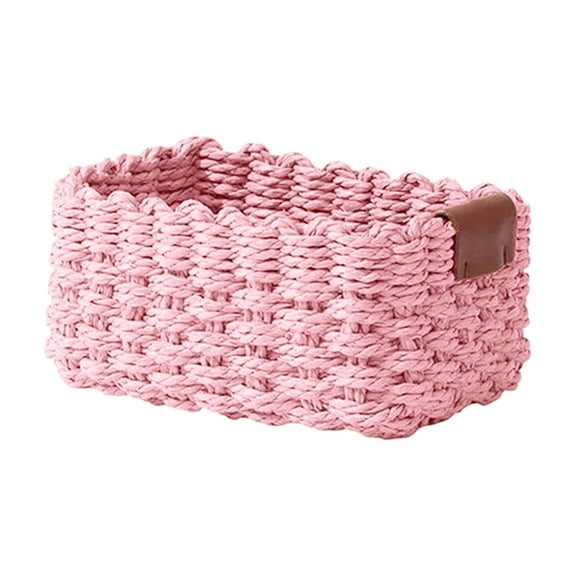 Woven Storage Basket Small 8.3 in Paper Rope Wicker Basket Organizer with Handles for Bathroom, Bedroom, Kitchen, Office, Pink