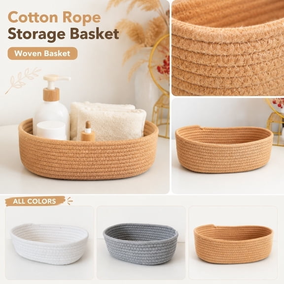 Woven Storage Basket, Small Woven Basket, Small Storage Basket, Woven Basket, 10X6X3 Inch 1Pc Light Grey Cotton Rope Weave Bin, Soft Durable Small Storage Bin for Closet Shelf,