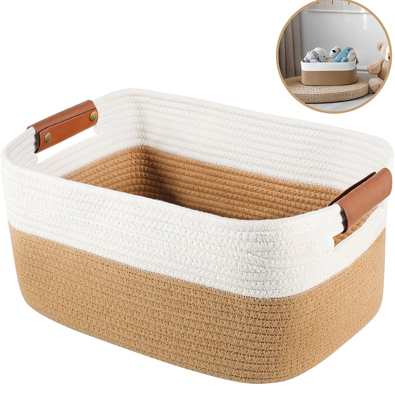 Woven Storage Basket,Soft Cotton Rope Basket for Storage with Leather Basket