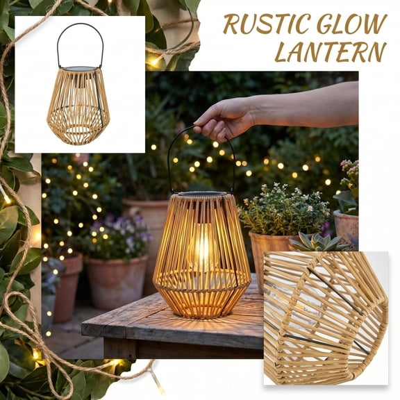 Woven Storage Basket, Solar Rattan Lantern Outdoor Hanging Garden Lamp Handheld Decorative Night Patio Atmosphere Light Container for Home Decor, 8 Inches Size