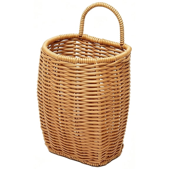 Woven Storage Basket, Wall Mounted Faux Rattan Hanging Basket Flat Backed Pocket Bin Decorative Flowerpot Holder Organizer Case for Door Shelf Home Decor, 1 Pack