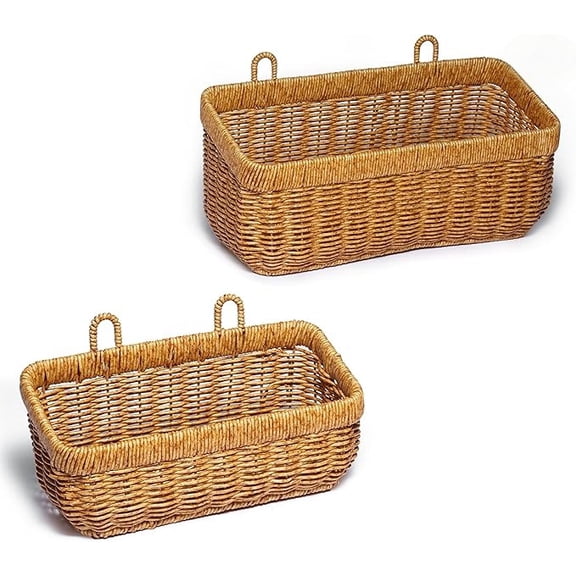 Woven Storage Basket, Wall Mounted Faux Rattan Hanging Bin Small Rectangle Wire Frame Pantry Organizer Toiletries Caddy with Dual Loops Home Decor, 1 Pack