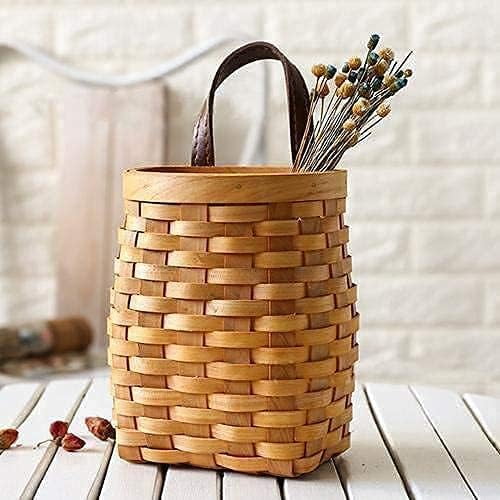 Woven Storage Basket, Wall Mounted Wood Shaving Basket Handmade Woven Door Hanging Bin Decorative Flower Holder Tote Organizer with Handle Home Decor, 1 Pack