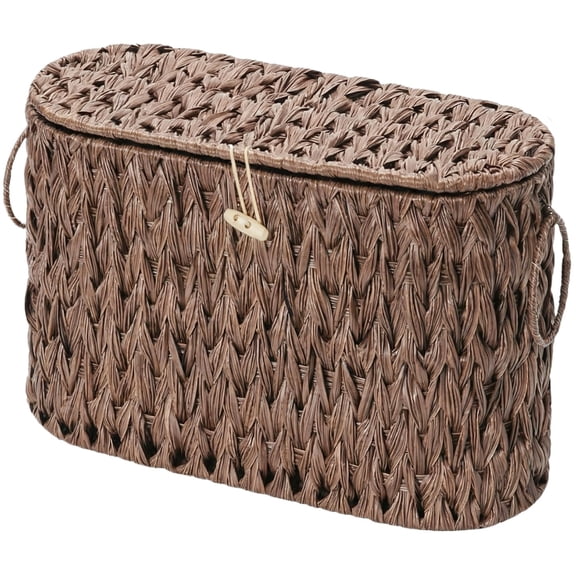Woven Storage Basket, Water Hyacinth Toilet Paper Holder Bathroom Organizer Narrow Covered Magazine Bin with Lid for Home Decor, Brown, 1 Pack