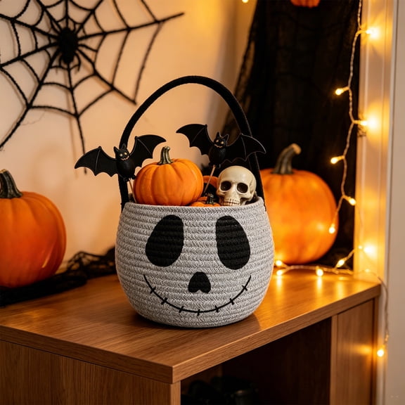 Woven Storage Basket, White Cotton Rope Skull Handheld Bucket, Versatile Halloween Candy Gift Bag, Durable Organizer for Little Ones Snacks Home Holiday Decor, 8.27*8.27*14.96in