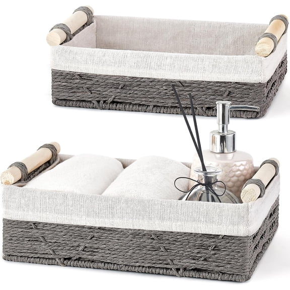 Woven Storage Basket Wicker Baskets for Organizing Toilet Paper, Decorative Bins with Handle for Toilet Tank Top Countertop Shelves, Decor for Bedroom Living Room Apartment, Set of 2, Grey