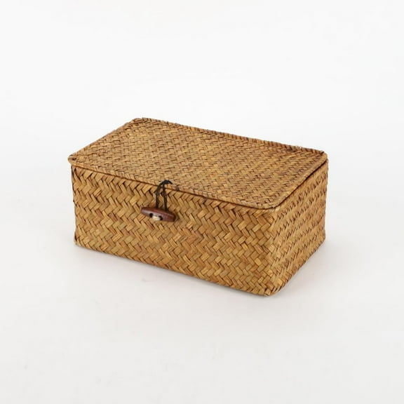 Woven Storage Basket With Lid,Large Rectangular Wicker Basket with Lid - Natural Seagrass Storage for Living Room, Office & Pantry, Dust-Proof Design