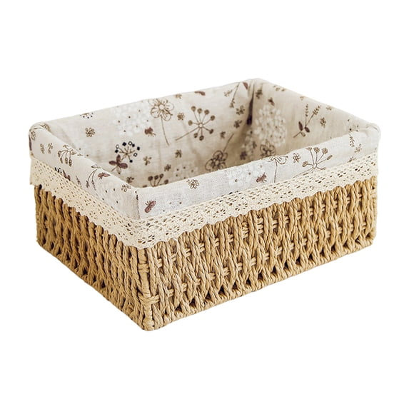 Woven Storage Basket With Liner, Rectangular Rattan Organizer Bin for Bathroom Bedroom Kitchen Office Shelf, Large, 10.2 x 7.9 in