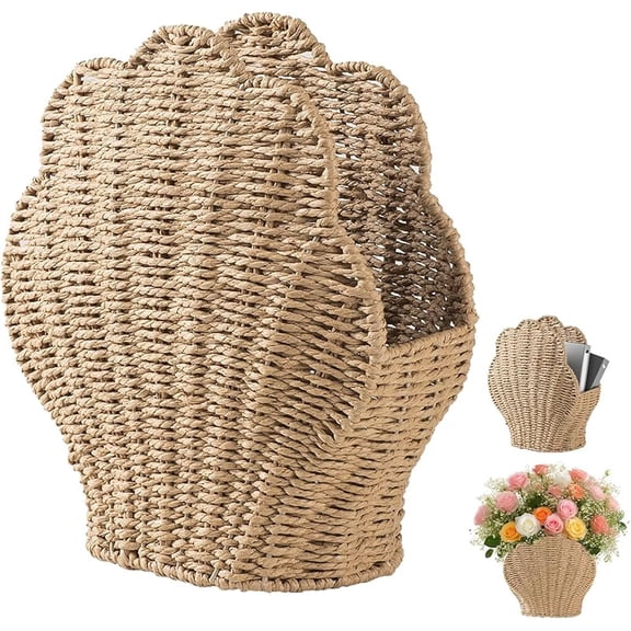 Woven Storage Basket, Woven Storage Basket with Shell Shape Design, Handmade Decorative Desktop Organizer and Farmhouse Supply Container, Wicker Serving Tray for Living Room Kitchen (Beige)