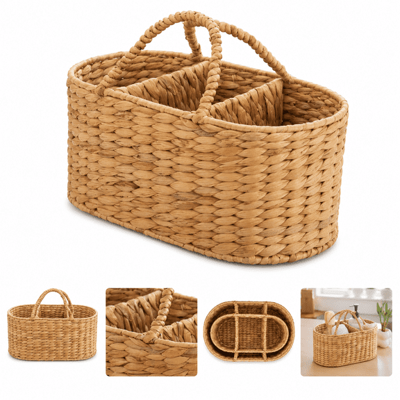 Woven Storage Basket with Handles and Dividers, 4-Compartment Home Organizer, Natural