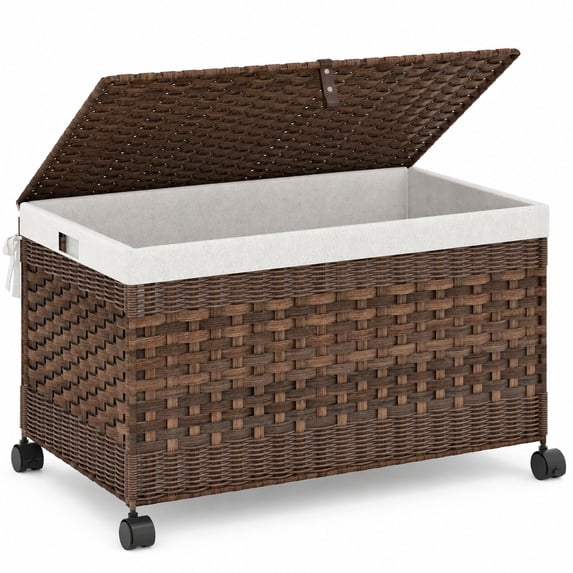Woven Storage Basket with Lid and Wheels, 42.3 Gallon, Brown PVC Rattan ...