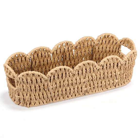 Woven Storage Basket with Wooden Handles, Slim Toilet Tank Top Bathroom Basket with Scalloped Edge for Toilet Paper, Vanity Counter, 15.2x5.7x4.4"