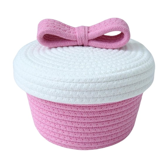 Woven Storage Baskets with Lids,Small Round Two Tone Woven Rope Basket for Holiday Treat Storage,Cute Gift Basket with Bow Handle,Ideal Gifts for Lovers,Grandmother,Pink