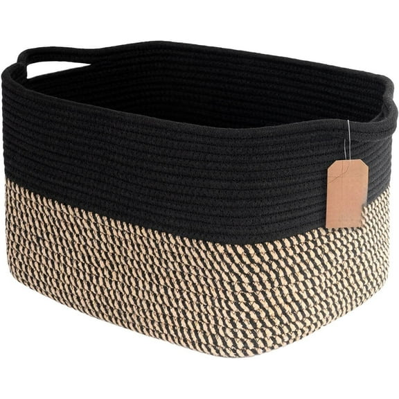 Woven Storage Baskets for Organizing, Cotton Rope Organizer for Living Room Bedroom, Black Laundry Basket with Handles, Stylish Gift Baskets for Baby Boys, 13"x10"x9"