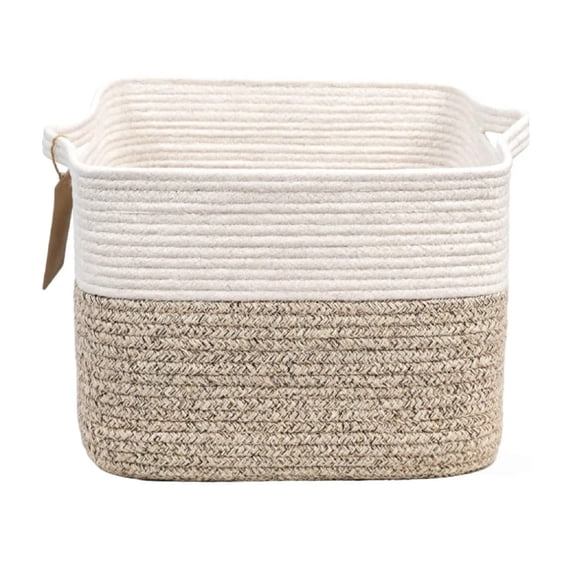 Goodpick Woven Storage Basket, Cotton Rope Basket for Dog Toys, Books, Stylish Gift Basket with Handles, 13 x 10 x 9 Inches Square Baskets for Organizing, Brown and White