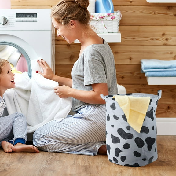 Woven Storage Baskets​ Patterned Foldable Bins Pink white Blue Cow Print Design Cylinder Fabric Construction Home Closet Storage Organizer