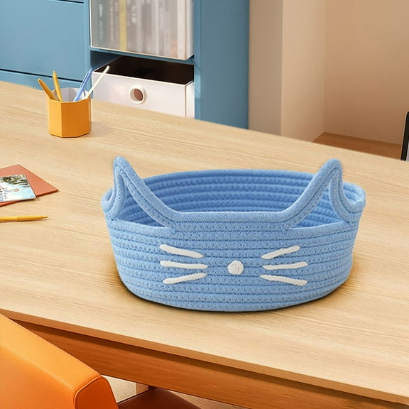Woven Storage Baskets Round Woven Fiber Basket Gray Cat Face Outline Pattern Two Top Handles Cute Kitchen Counter Pantry Organizer