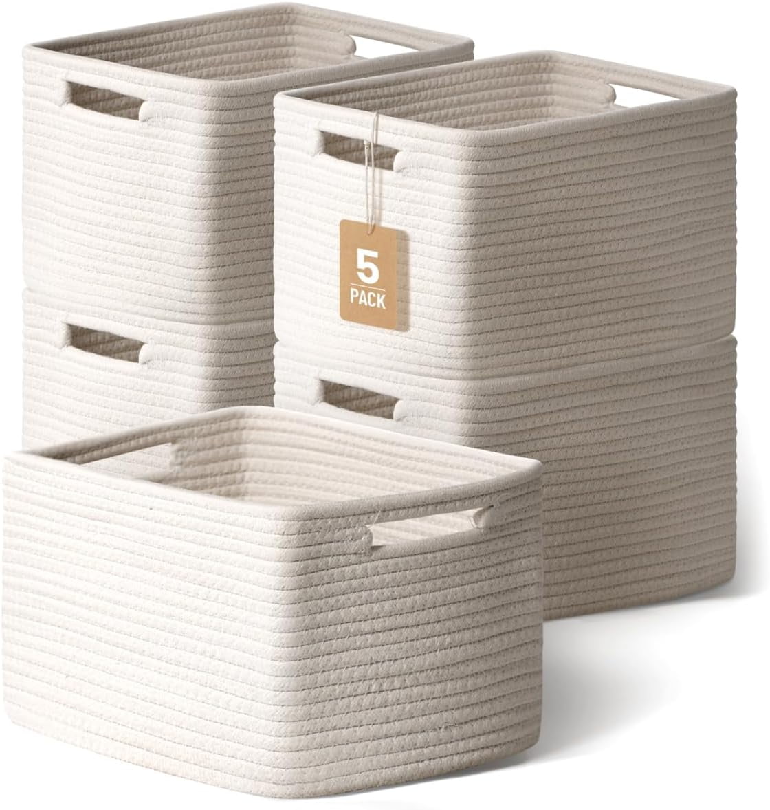 Woven Storage Baskets for Shelves, Decorative Basket Organizer Storage Bins for Toys, Books, Clothes, Closet, Nursery, Bathroom – Cotton Rope Shelf Baskets for Organizing, Khaki & White