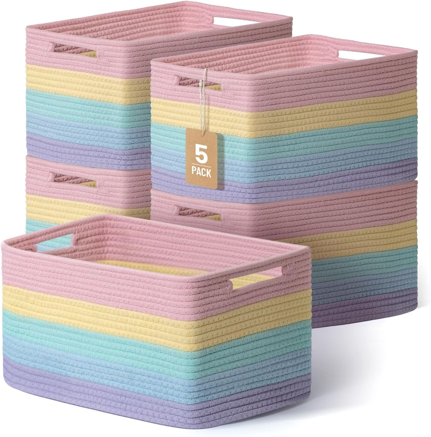 5-Pack Woven Shelf Storage Baskets, Cotton Rope Organizer Bins for Toys Books Clothes Closet Nursery Bathroom, Khaki and White