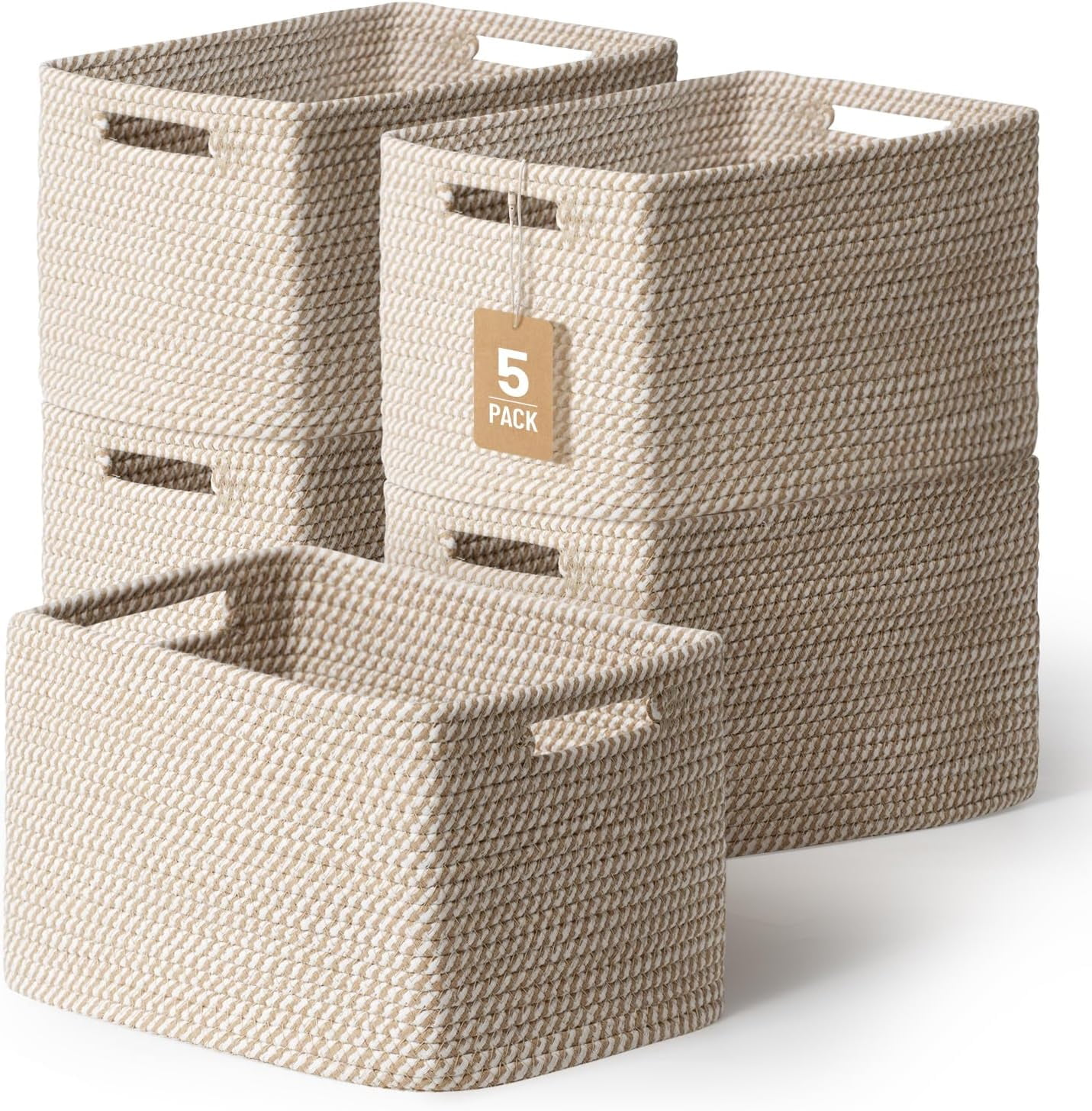 5-Pack Woven Shelf Storage Baskets, Cotton Rope Organizer Bins for Toys Books Clothes Closet Nursery Bathroom, Khaki and White