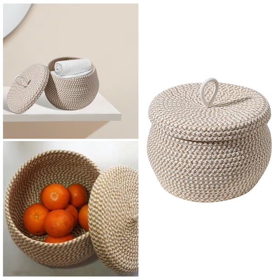 Woven Storage Bin 9.84 x 7 Inch with Lid, Small Round Decorative Cotton Rope Basket, Storage Organizer Box for Bedroom and Home Decor, Blanket Bin for Living Room, Storage