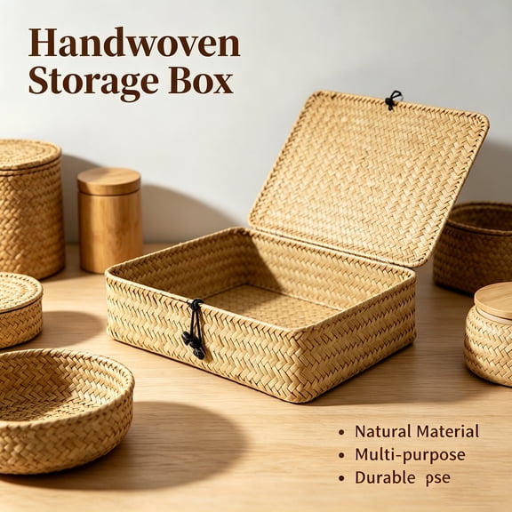 Woven Storage Box with Hinged Lid, Decorative Boho Vanity Organizer for Countertop, Handcrafted Seagrass Snack Holder with Texture, Minimalist Rattan Style Remote Caddy for Living Room