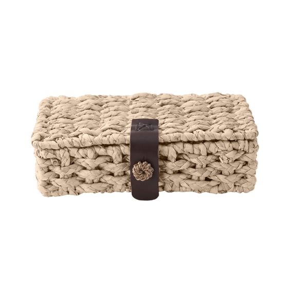 Woven Storage Box with Lid Decorative Grass Woven Organizer Basket Rectangular Storage Container with Faux Leather Closure for Desktop Shelf Countertop Home Organization