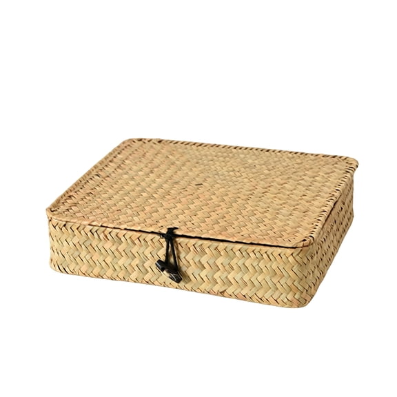 Woven Storage Box with Lid Handwoven Rattan Organizer Basket Rectangular Storage Container with Tie Closure for Closet Desktop Coffee Table Home Organization