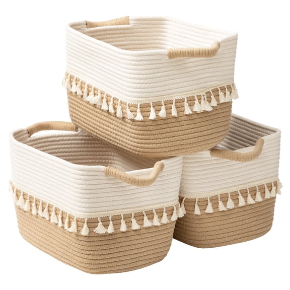 Woven Storage Crates White & Jute 3 Pack Home Organization