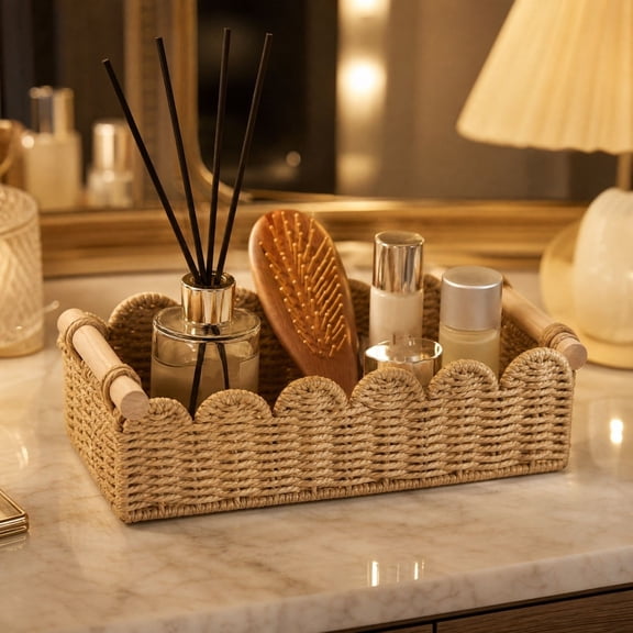 Woven Storage Tray Wooden Handle Scalloped Border Organizer Bin for Cosmetics Snacks Remote Coffee Table Vanity Desk Desktop Home Organization