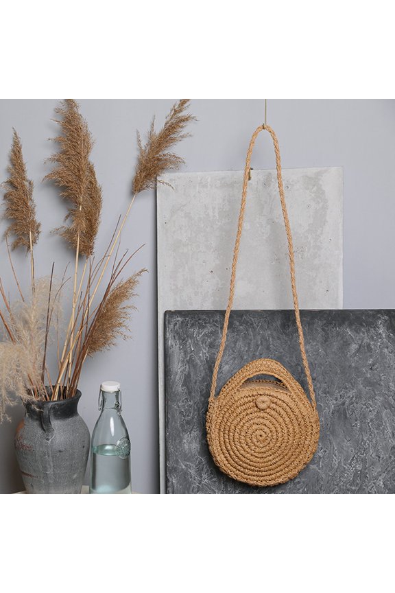 Woven Straw Bag Handmade Round Design Summer Beach Bag Dual Use Handheld Shoulder Bag For Leisure Vacation Travel