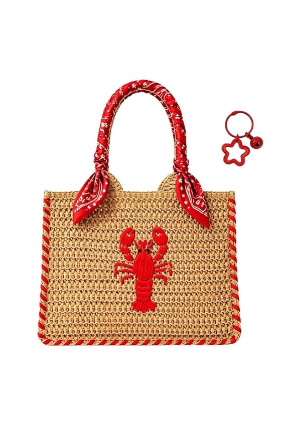 Woven Straw Bag Lobster Embroidery With Keychain, Straw Zipper Handle Handbags, Beach Rattan Bag, Lightweight And Durable, Suit For Travel