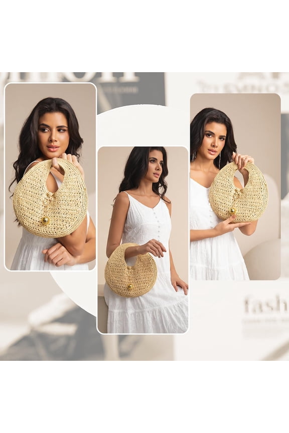 Woven Straw Beach Bag for Women Handmade Raffia Circle Bag, Summer Boho Chic Tote Purse Handbag Large Round Bag