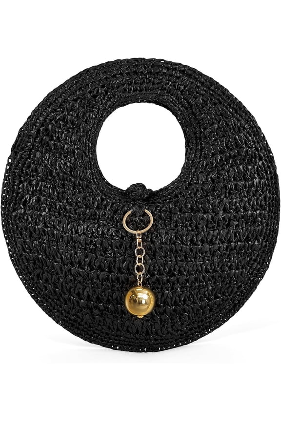 Woven Straw Beach Bag for Women Handmade Raffia Circle Bag, Summer Boho Chic Tote Purse Handbag Large Round Bag