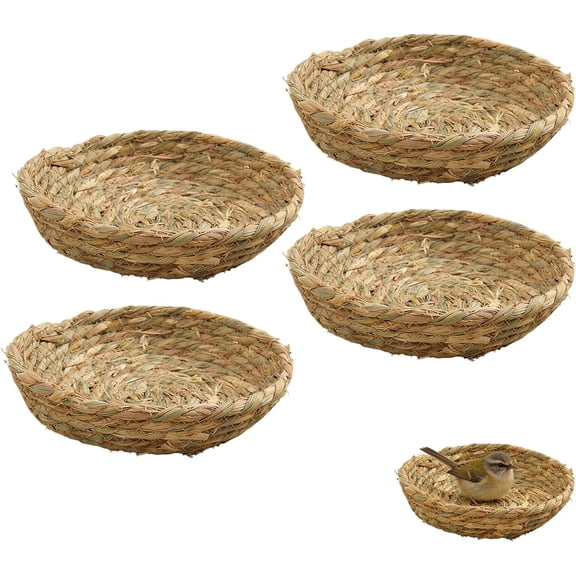 Woven Straw Bird Nests, 4 Packs Handmade Flat Base Breeding Nest, Small Animal Cozy Habitat for Dove Parrot Pigeon Hamster