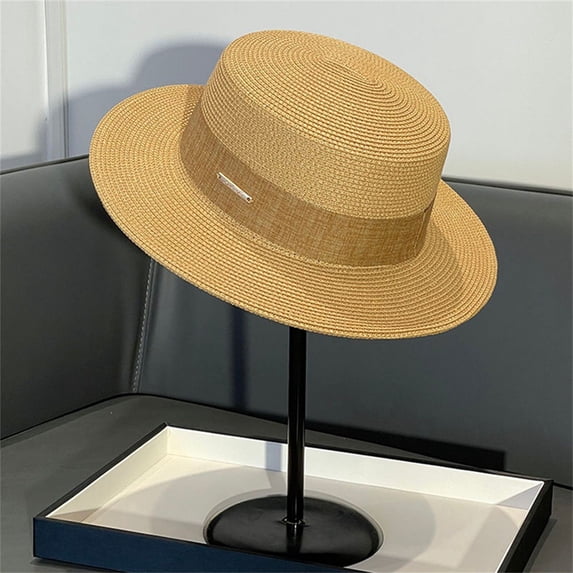 Woven Straw Boater Hat, Wide Brim Sun Panama for Women Men, SPF 50+ UPF Sun Hat for Beach, Vacation, Summer and Outdoor Activities-Khaki