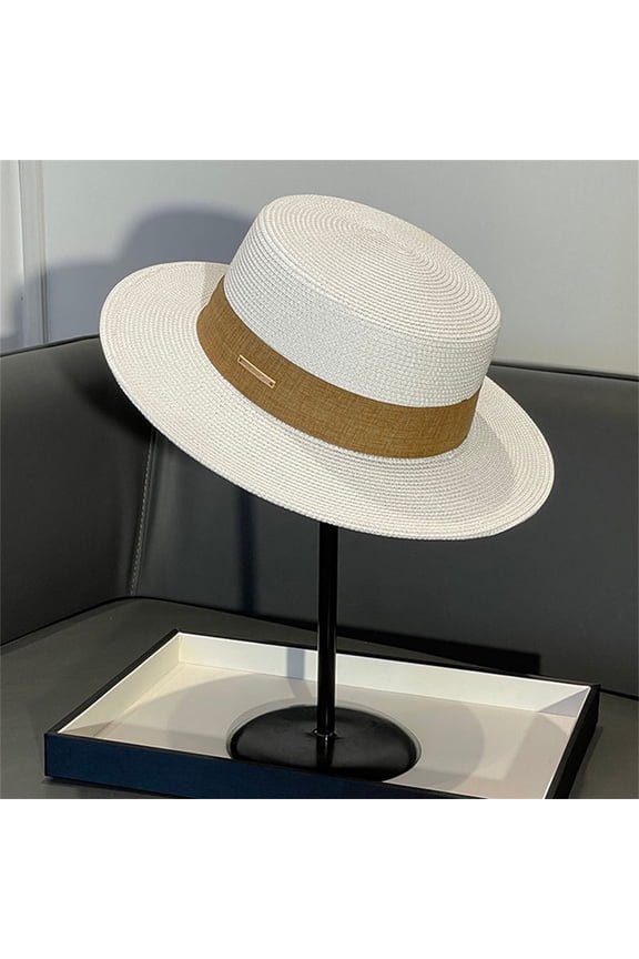 Woven Straw Boater Hat, Wide Brim Sun Panama for Women Men, SPF 50+ UPF Sun Hat for Beach, Vacation, Summer and Outdoor Activities-White
