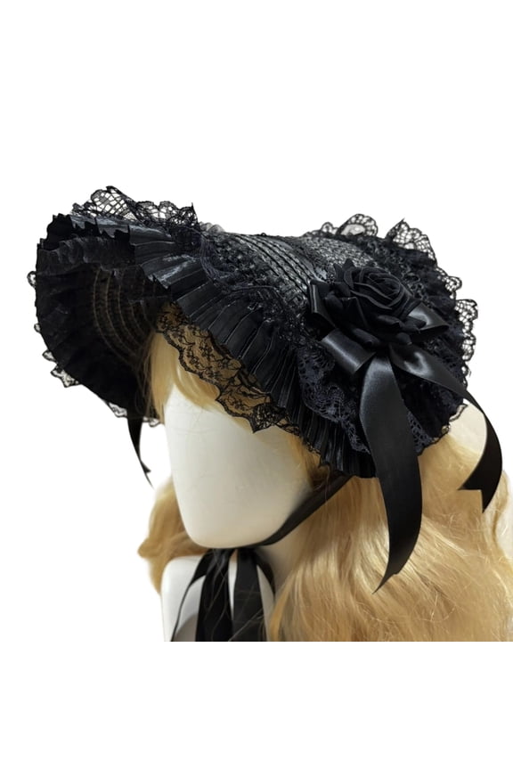 Woven Straw Bonnet Hat Adjustable Ribbon Necktie Hat for Theme Event Dressingup Roleplay Headwear For Masquerades Party