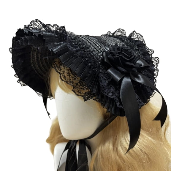 Woven Straw Bonnet Hat Adjustable Ribbon Necktie Hat for Theme Event Dressingup Roleplay Headwear For Masquerades Party