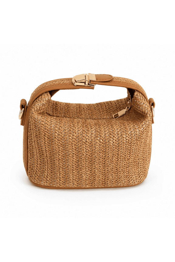 Woven Straw Bucket Bag, Korean Style Mini Handbag, 7.9 x 4.3 x 4.7 in Crossbody and Top Handle Purse for Travel, Shopping, Vacation and Everyday Outfits