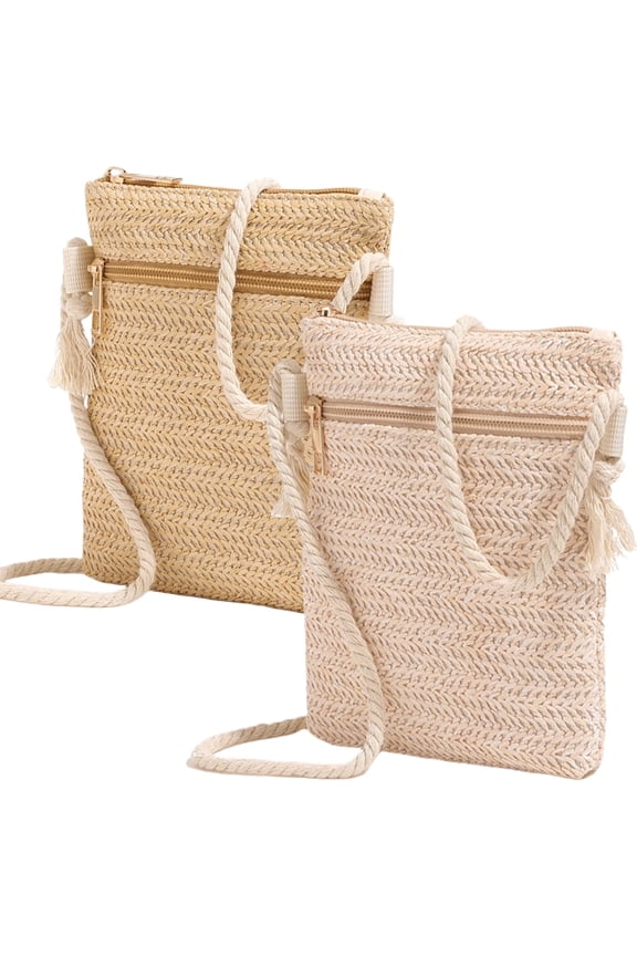 Woven Straw Crossbody Phone Bags for Women, Beach Pouch and Shoulder Purse Combo, 2 Pcs