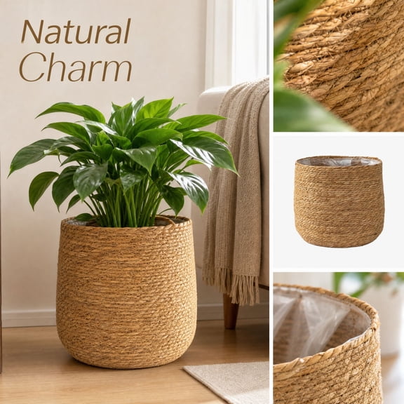 Woven Straw Floor Plant Basket, Natural Rattan Plant Pot Cover, Decorative Storage Planter Basket for Indoor Home Floor Display