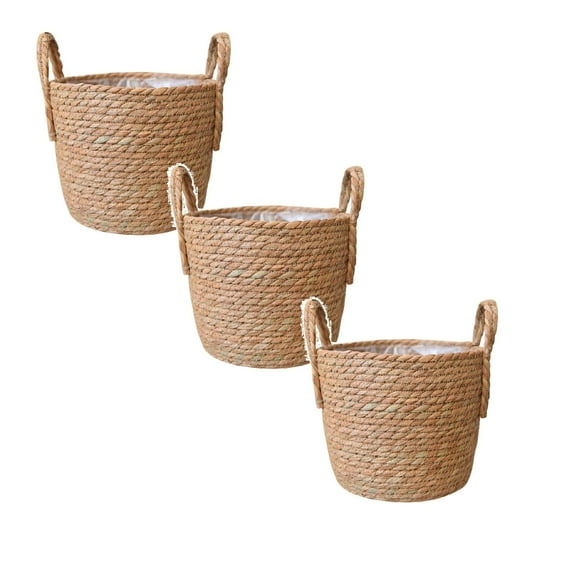 Woven Straw Flower Pot With Plastic Liner, Seagrass Planters Basket, Garden Plant Pot Containers Wicker Rattan Vase Sundries Organizer Storage Bins for Indoor Outdoor Plants Vintage Decor, 3Pcs