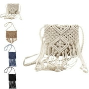 QINGY Woven Straw Shoulder Bag Tassel Crossbody Bag Bohemian Crochet Macrame Crossbody Bag for Women