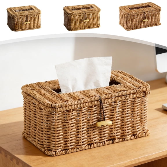 Woven Straw Tissue Box Cover with Lid, Multifunctional Storage Organizer for Coffee Table, Bedroom & Office, Natural Beige Home Decor, Topliu