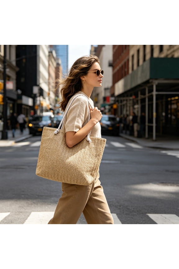 Woven Straw Tote Beach Bag, Large Capacity Polyester Lined Rope Handle Summer Travel Shoulder Handbag