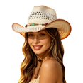 thumbnail image 1 of Woven Straw Western Cowboy Hat with Beaded Band, Unisex Wide Brim Sun Hat, Adjustable Chin Strap Summer Beach Headwear, 1 of 4