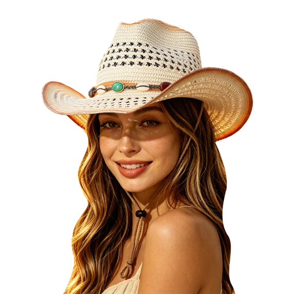 Woven Straw Western Cowboy Hat with Beaded Band, Unisex Wide Brim Sun Hat, Adjustable Chin Strap Summer Beach Headwear