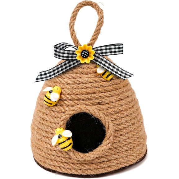 Woven String Bees Hives Decor, Bee Themed Home Party Hanging Decor – Spring Handmade Ornament for Farmhouses, Home Office, Living Room, Desktop Shelves Decors, Charming Beehive Decorations